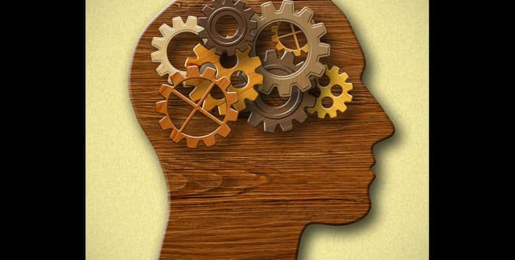 Wooden silhouette of head with brown-tone gears running inside where brain would be