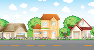 3 cartoon style houses along a road with trees, a blue sky, and puffy clouds