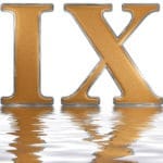 gold Roman numeral IX reflected on water isolated on white background