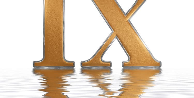 gold Roman numeral IX reflected on water isolated on white background