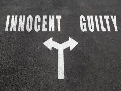 split arrow with left arrow pointing to innocent and right arrow pointing to guilty