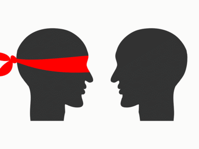 two silhouettes of heads, one with a red blindfold and one without a blindfold
