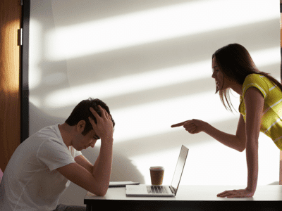 Young college man sitting at desk with hands on head while young college woman points her finger at him